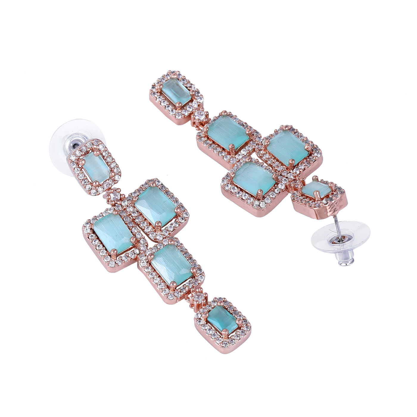 Estele Rose Gold Plated CZ Dazzling Earrings with Mint Green Stones for Women