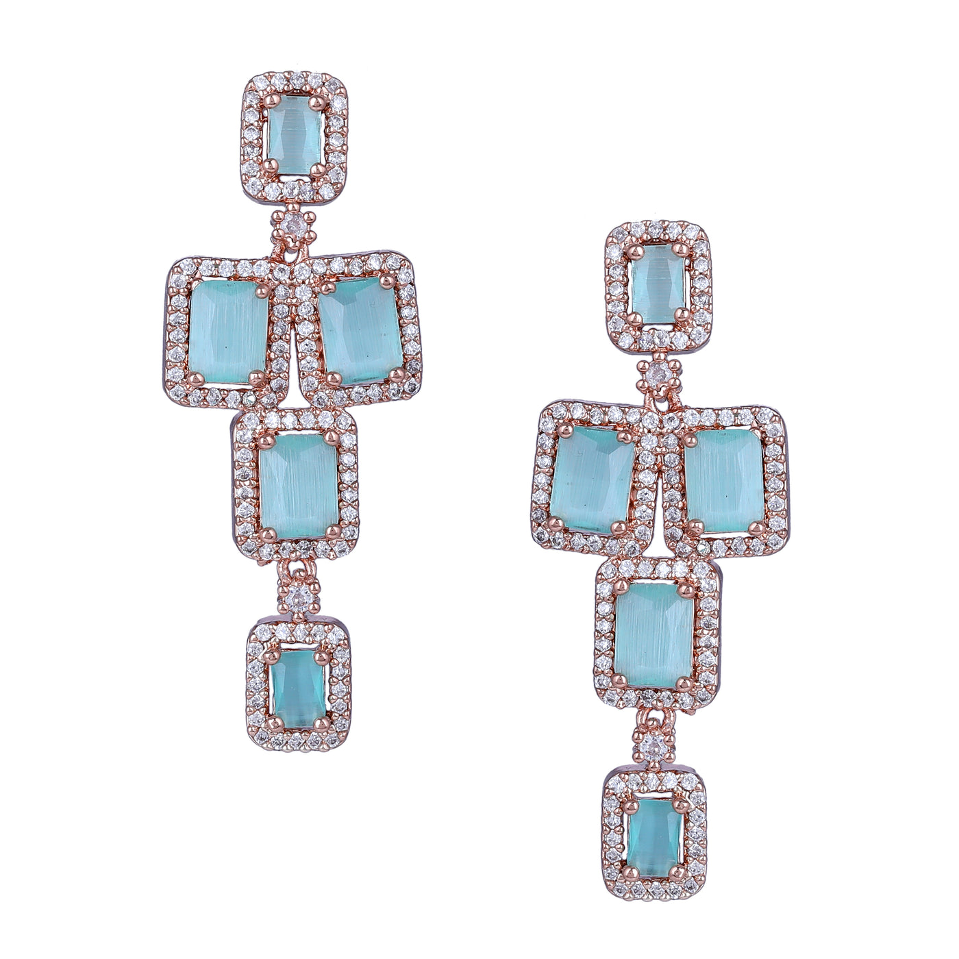 Estele Rose Gold Plated CZ Ravishing Double Line Necklace Set with Mint Green Stones for Women