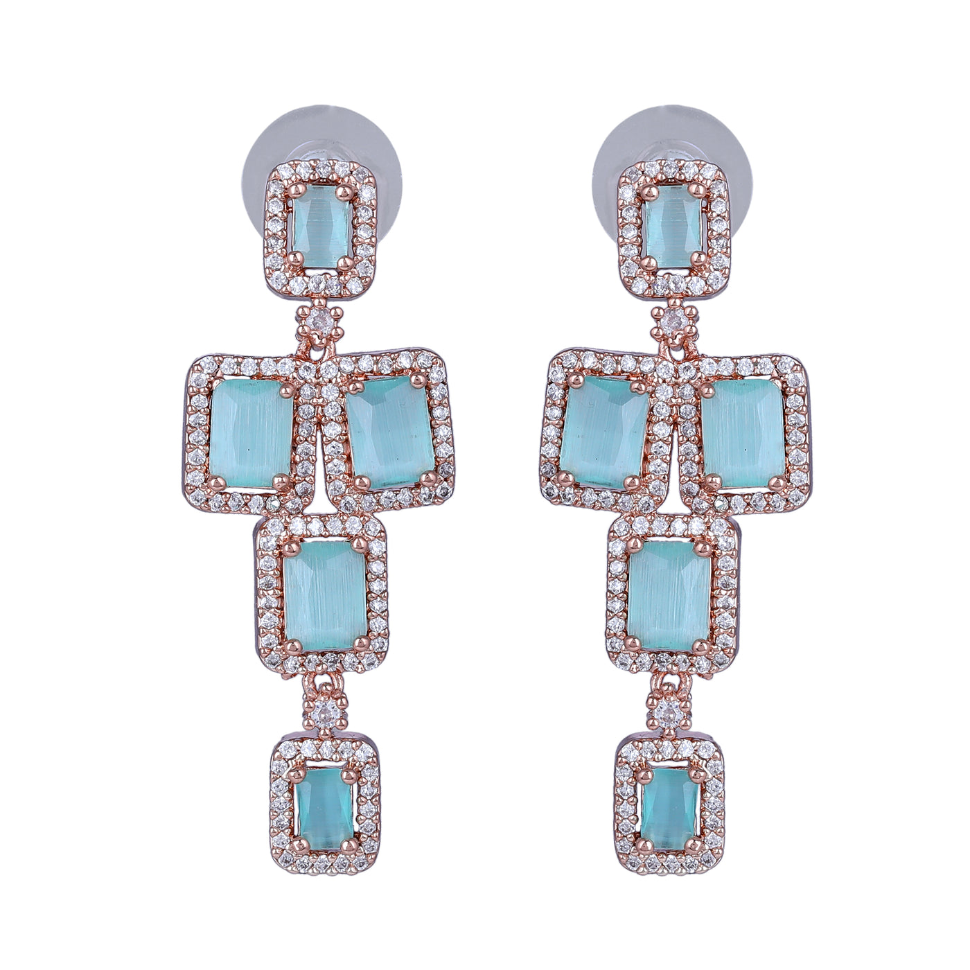 Estele Rose Gold Plated CZ Ravishing Double Line Necklace Set with Mint Green Stones for Women