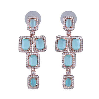 Estele Rose Gold Plated CZ Ravishing Double Line Necklace Set with Mint Green Stones for Women