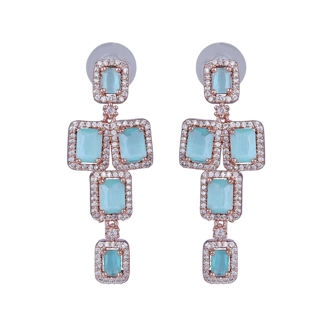 Estele Rose Gold Plated CZ Dazzling Earrings with Mint Green Stones for Women