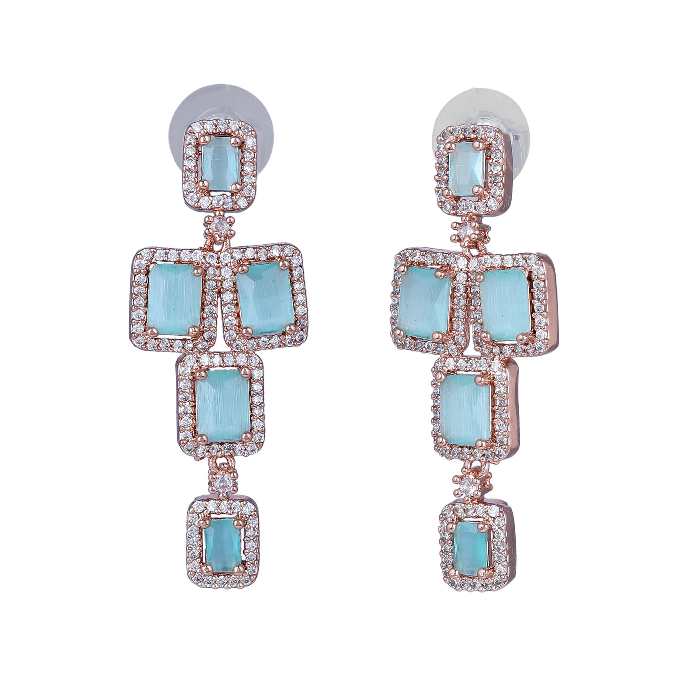 Estele Rose Gold Plated CZ Dazzling Earrings with Mint Green Stones for Women