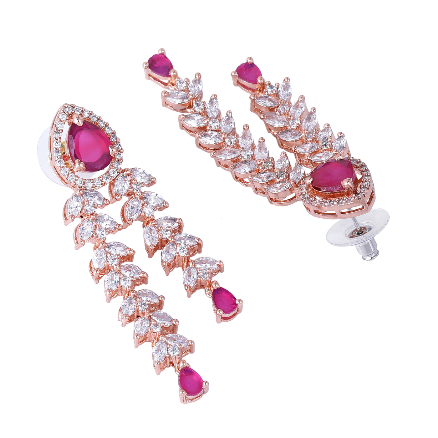 Estele Rose Gold Plated CZ Magnificent Triple Line Necklace Set with Ruby Stones for Women