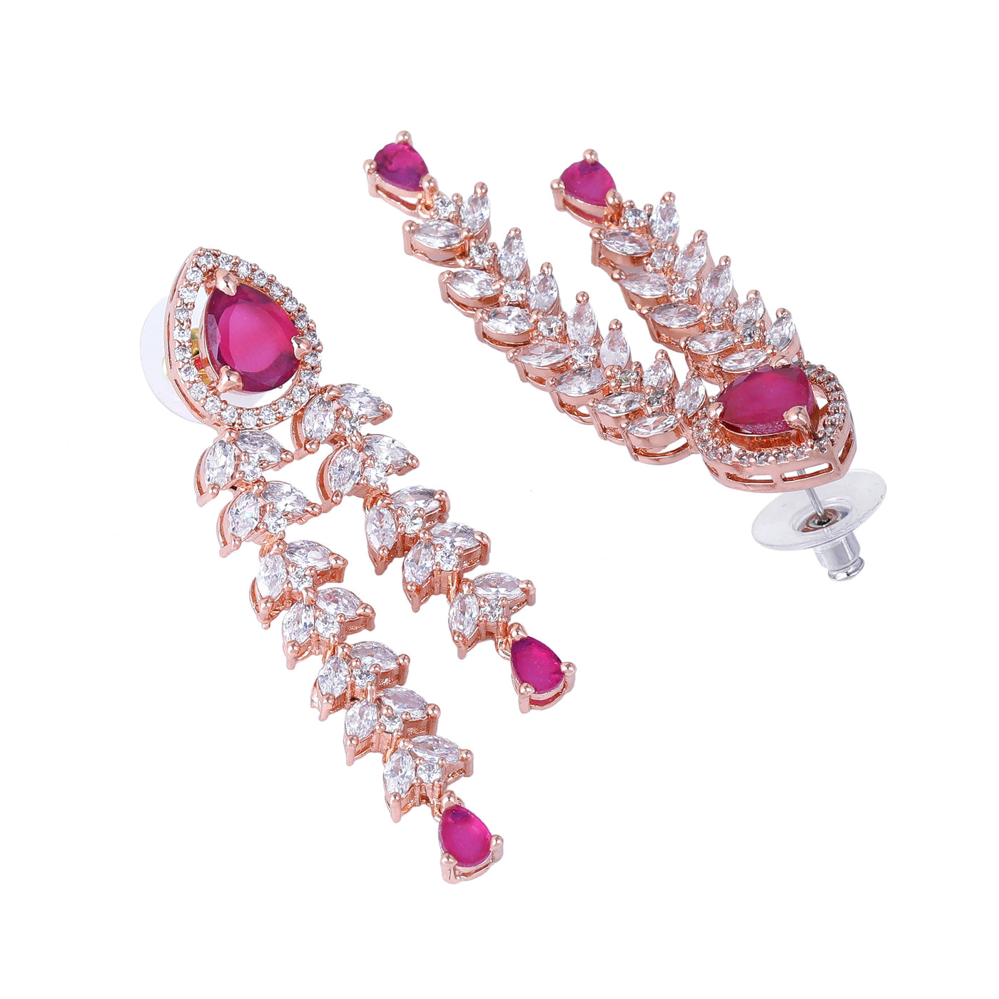 Estele Rose Gold Plated CZ Glimmering Earrings with Ruby Stones for Women