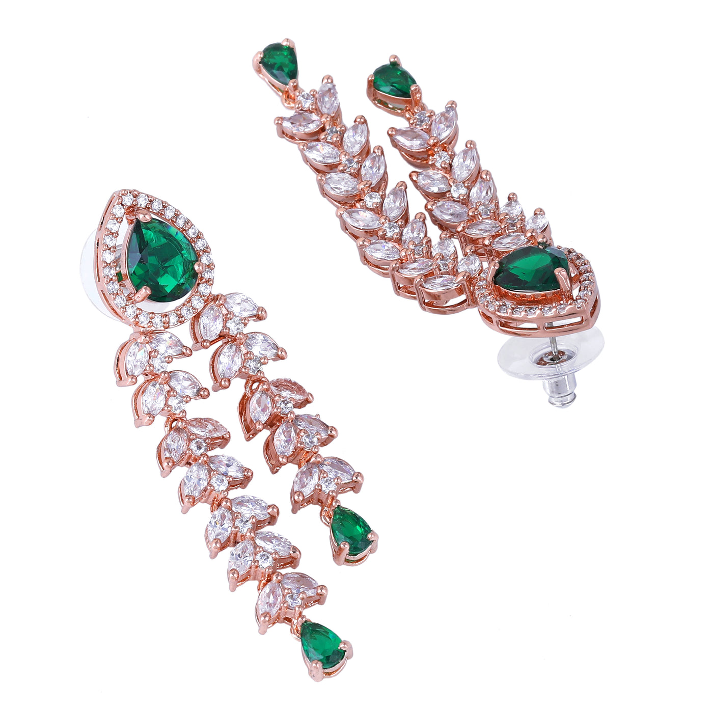 Estele Rose Gold Plated CZ Magnificent Triple Line Necklace Set with Green Stones for Women