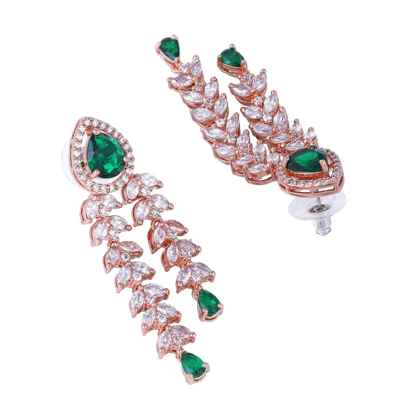 Estele Rose Gold Plated CZ Glimmering Earrings with Green Stones for Women