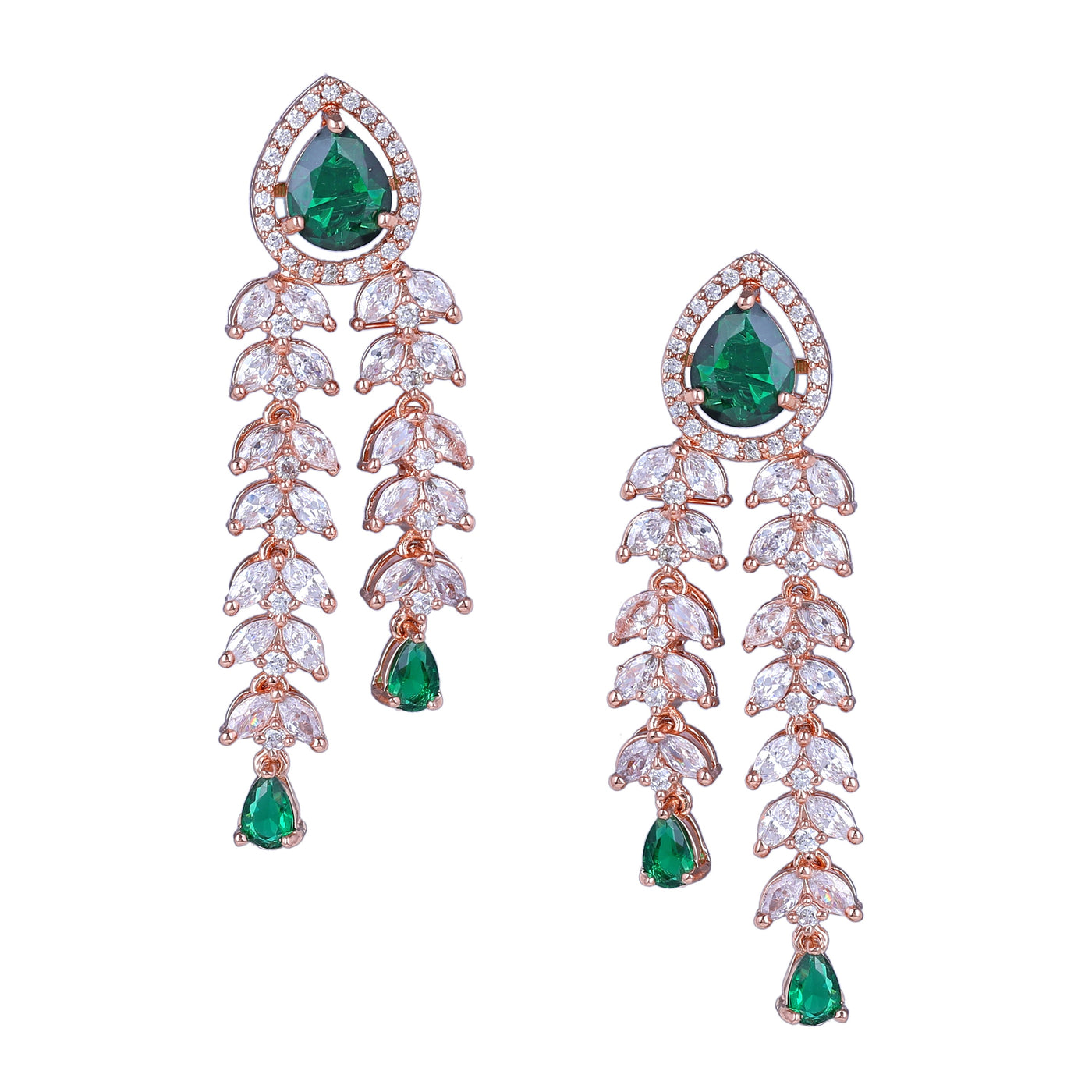 Estele Rose Gold Plated CZ Glimmering Earrings with Green Stones for Women