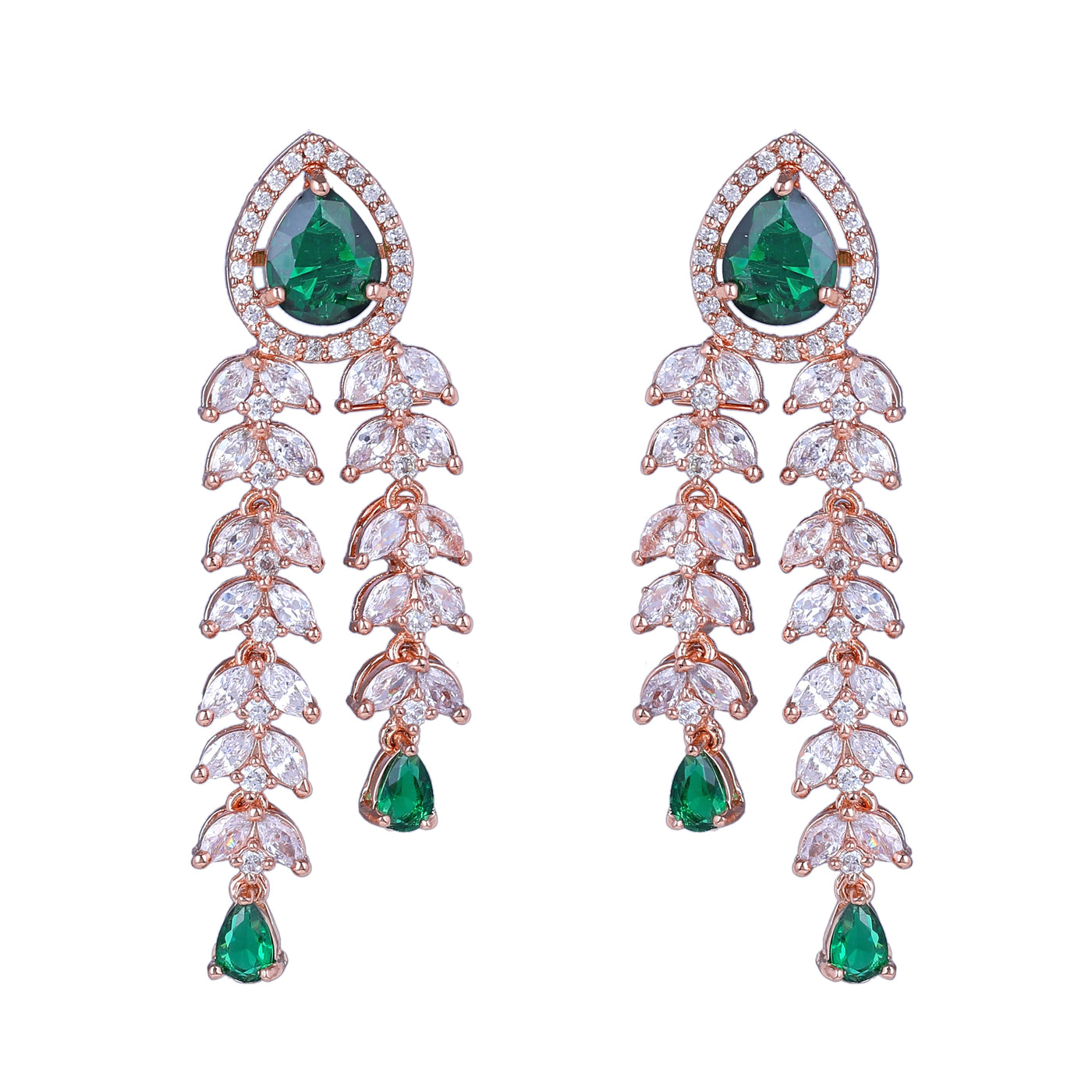 Estele Rose Gold Plated CZ Glimmering Earrings with Green Stones for Women