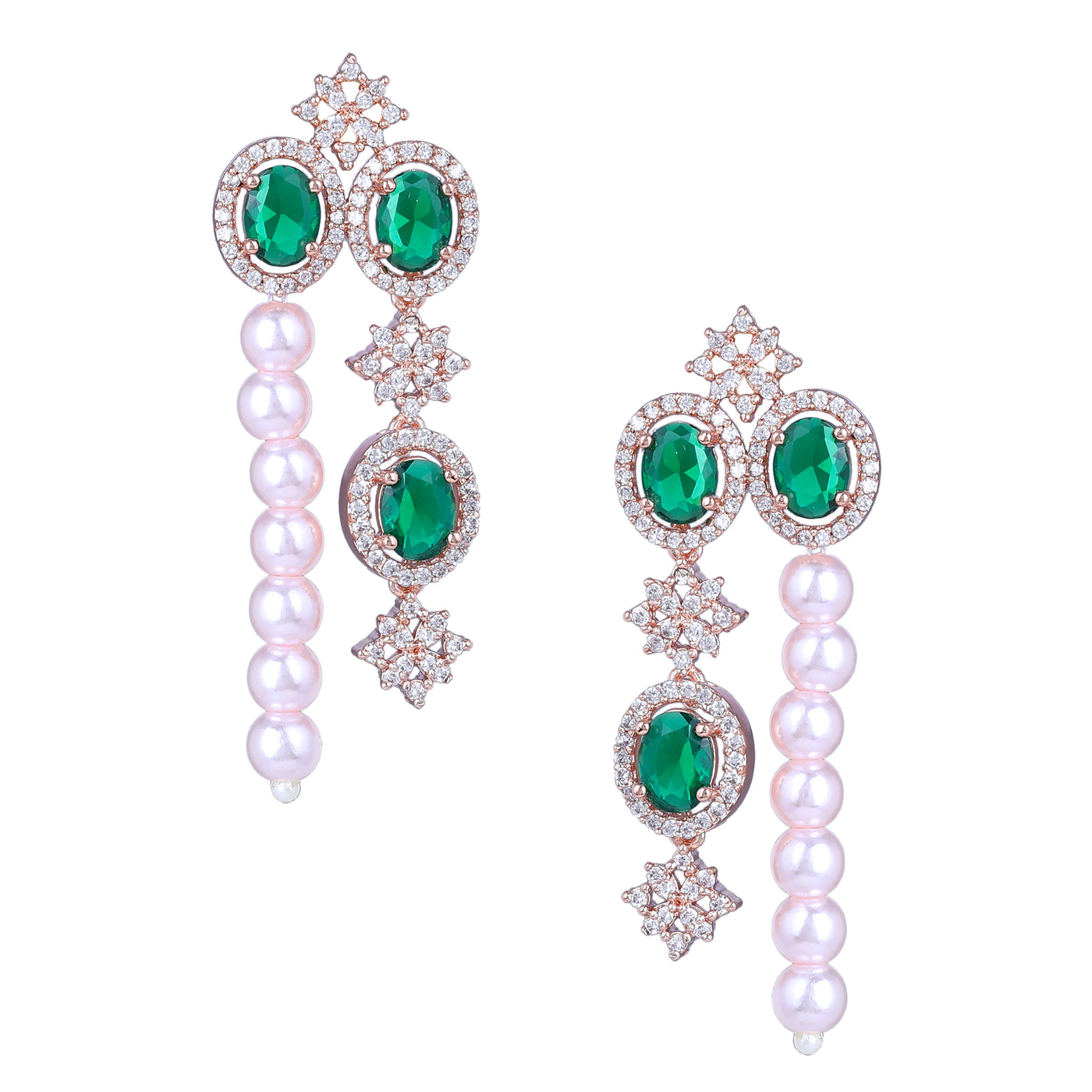 Estele Rose Gold Plated CZ Fascinating Triple-Layered Necklace Set with Green Stones & Pearls for Women