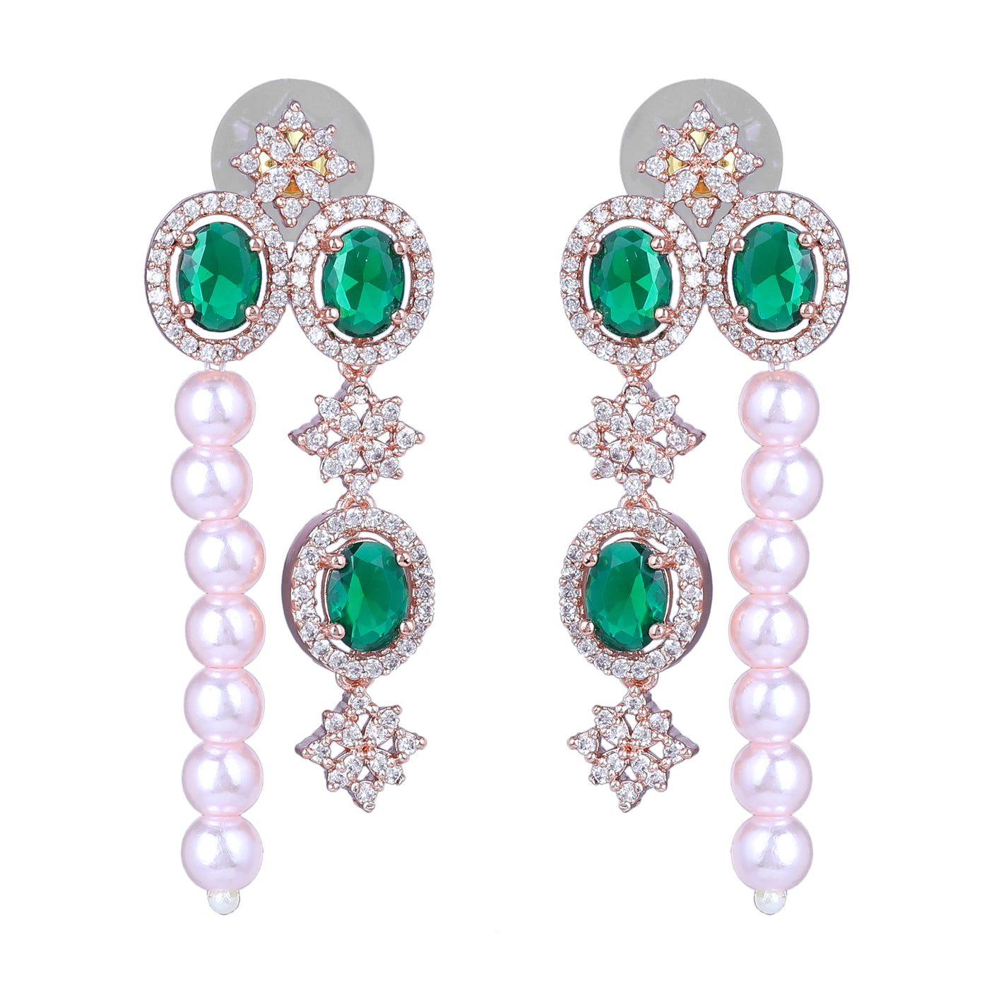 Estele Rose Gold Plated CZ Fascinating Triple-Layered Necklace Set with Green Stones & Pearls for Women