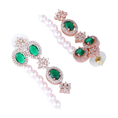 Estele Rose Gold Plated CZ Fascinating Triple-Layered Necklace Set with Green Stones & Pearls for Women