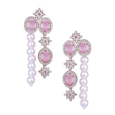 Estele Rose Gold Plated CZ Fascinating Triple-Layered Necklace Set with Mint Pink Stones & Pearls for Women