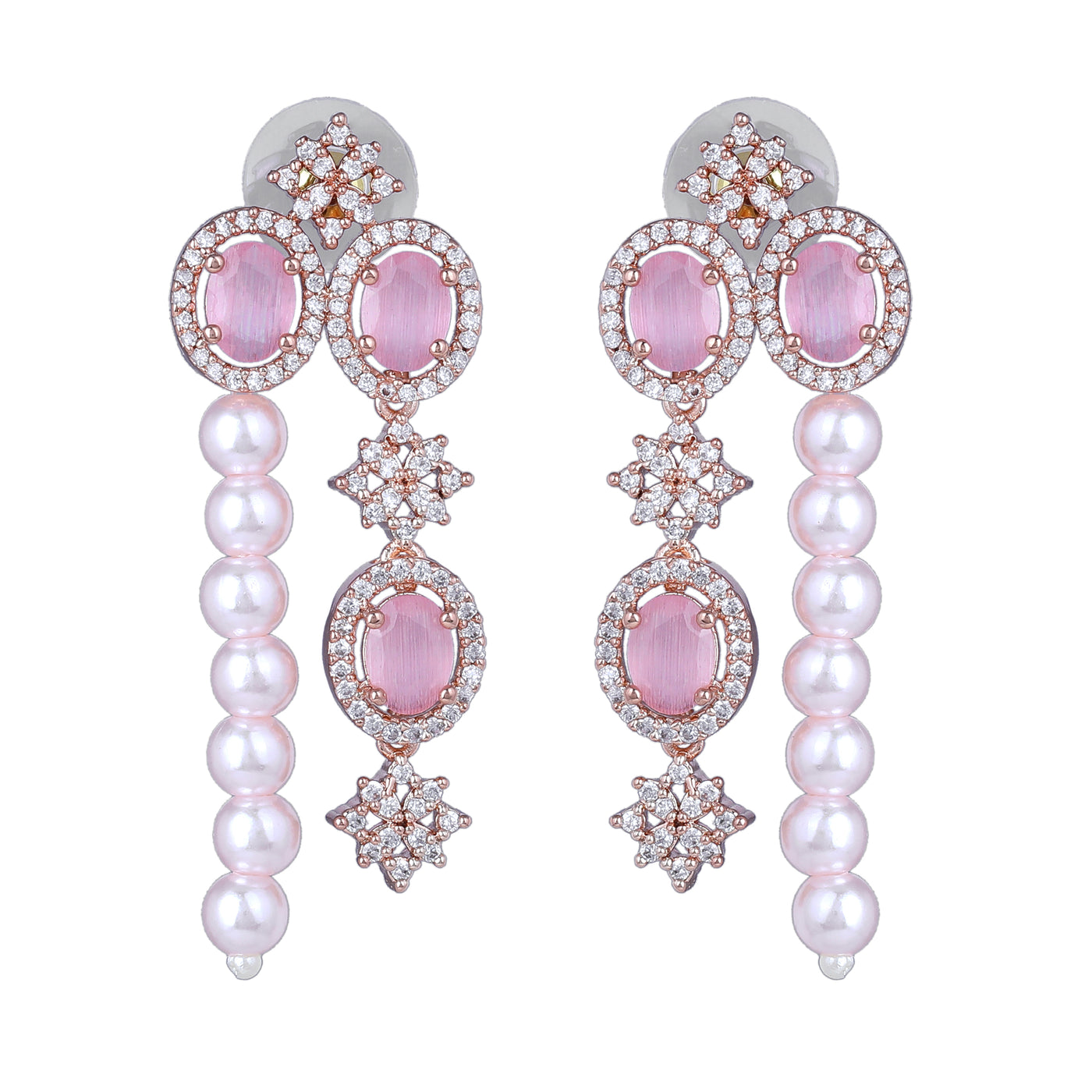 Estele Rose Gold Plated CZ Fascinating Triple-Layered Necklace Set with Mint Pink Stones & Pearls for Women