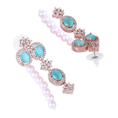 Estele Rose Gold Plated CZ Fascinating Triple-Layered Necklace Set with Mint Green Stones & Pearls for Women