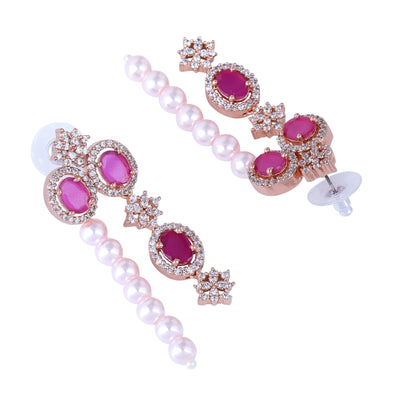 Estele Rose Gold Plated CZ Fascinating Triple-Layered Necklace Set with Ruby Stones & Pearls for Women