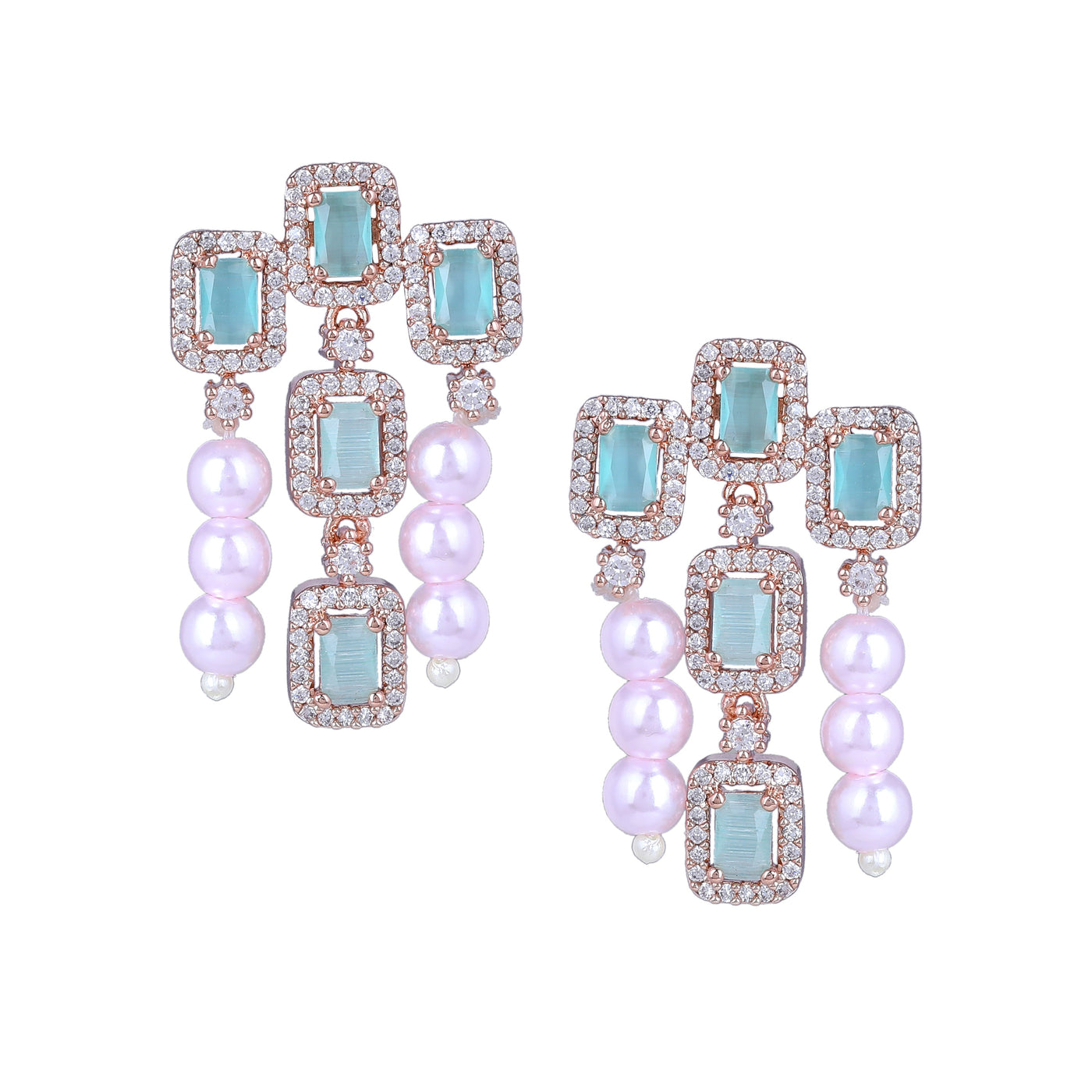 Estele Rose Gold Plated CZ Shimmering Earrings with Mint Green Stones & Pearls for Women