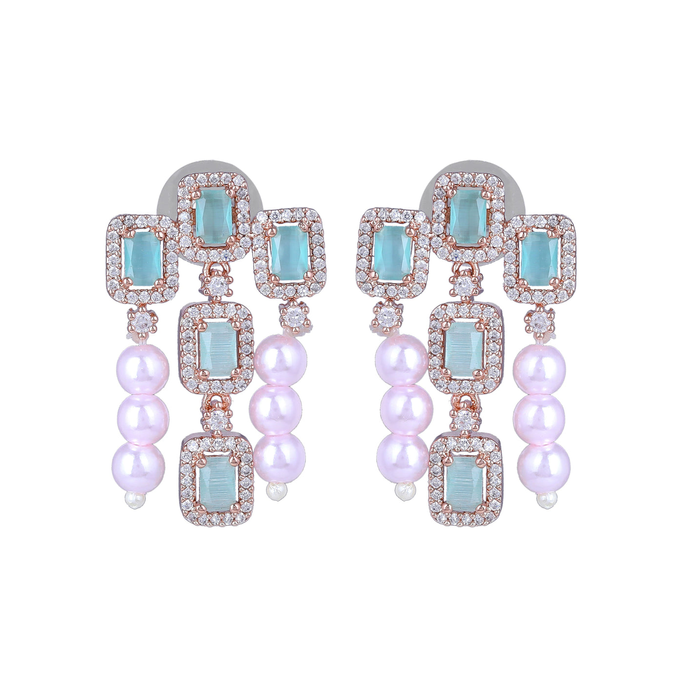 Estele Rose Gold Plated CZ Shimmering Earrings with Mint Green Stones & Pearls for Women