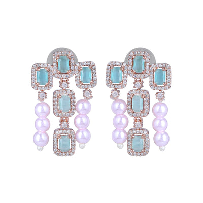 Estele Rose Gold Plated CZ Shimmering Earrings with Mint Green Stones & Pearls for Women