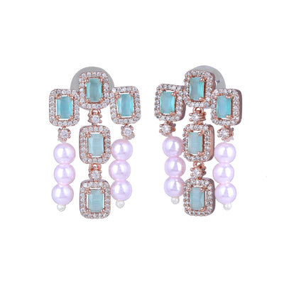 Estele Rose Gold Plated CZ Shimmering Earrings with Mint Green Stones & Pearls for Women