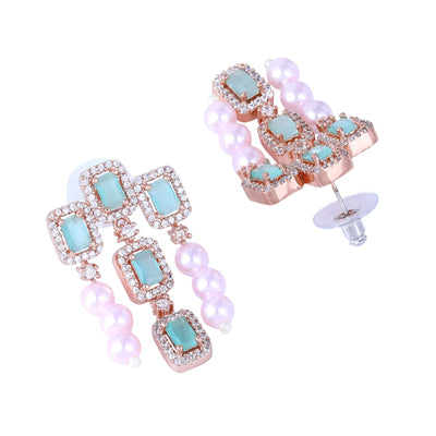 Estele Rose Gold Plated CZ Shimmering Earrings with Mint Green Stones & Pearls for Women