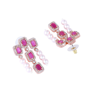 Estele Rose Gold Plated CZ Shimmering Earrings with Ruby Stones & Pearls for Women