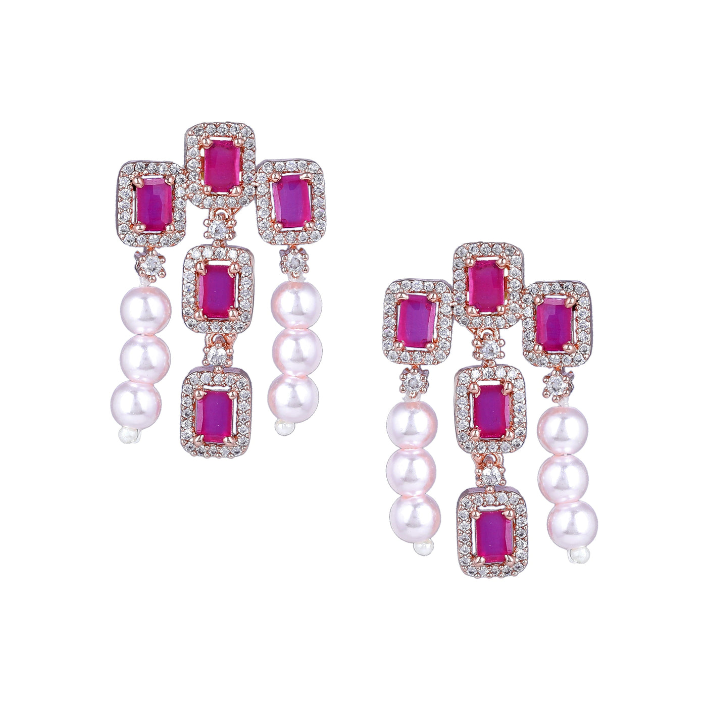 Estele Rose Gold Plated CZ Shimmering Earrings with Ruby Stones & Pearls for Women