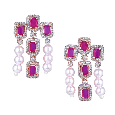 Estele Rose Gold Plated CZ Gorgeous 3-Layered Necklace Set with Ruby Stones & Pearls for Women