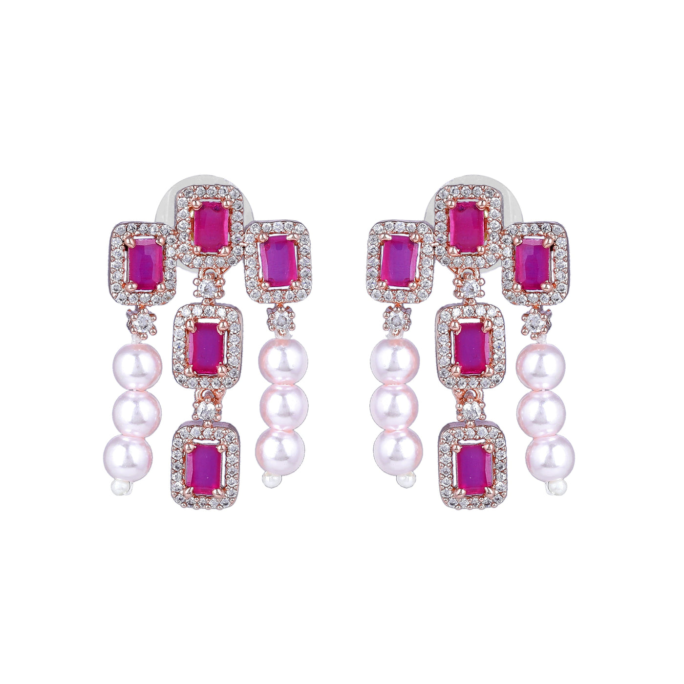 Estele Rose Gold Plated CZ Shimmering Earrings with Ruby Stones & Pearls for Women