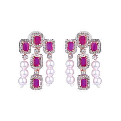 Estele Rose Gold Plated CZ Shimmering Earrings with Ruby Stones & Pearls for Women