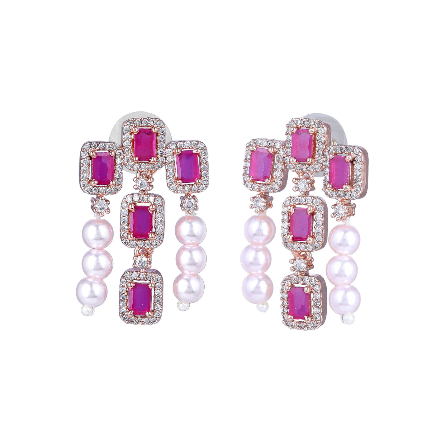 Estele Rose Gold Plated CZ Shimmering Earrings with Ruby Stones & Pearls for Women