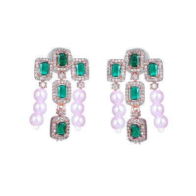 Estele Rose Gold Plated CZ Shimmering Earrings with Green Stones & Pearls for Women