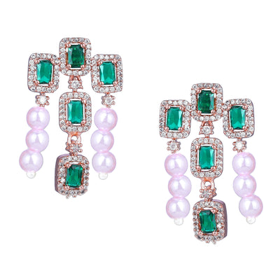 Estele Rose Gold Plated CZ Gorgeous 3-Layered Necklace Set with Green Stones & Pearls for Women