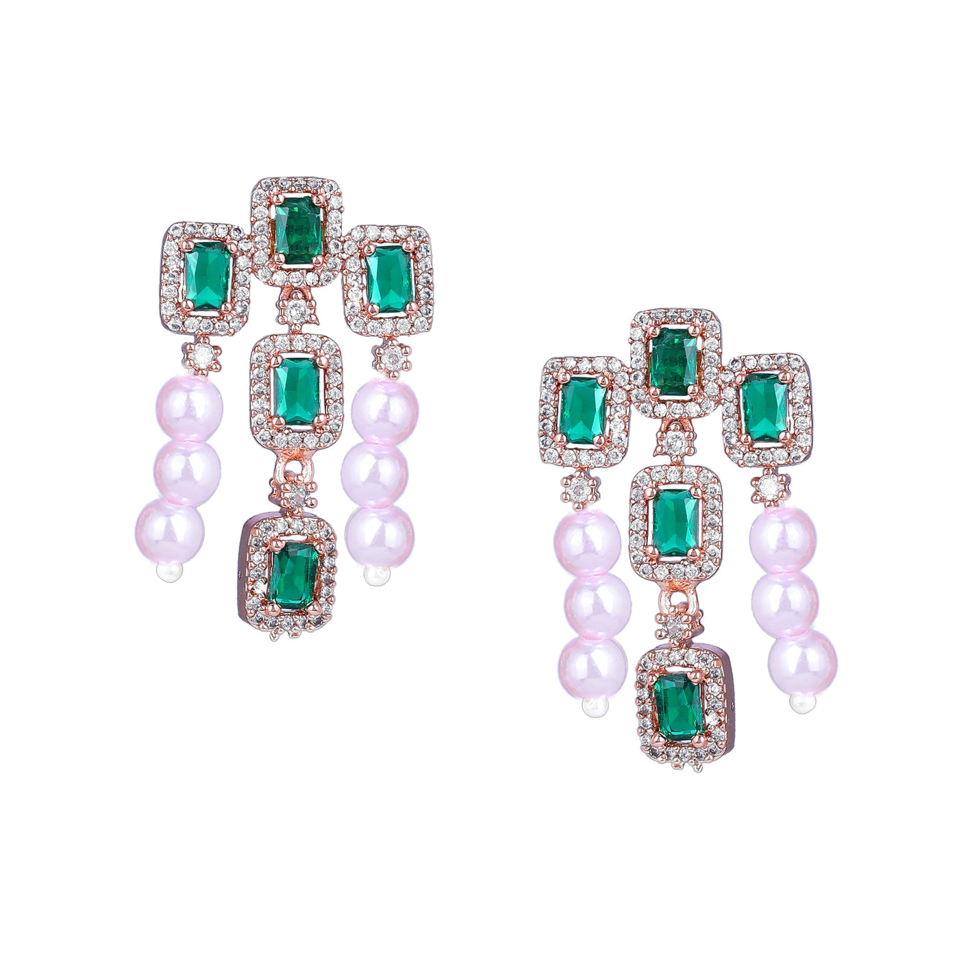 Estele Rose Gold Plated CZ Shimmering Earrings with Green Stones & Pearls for Women