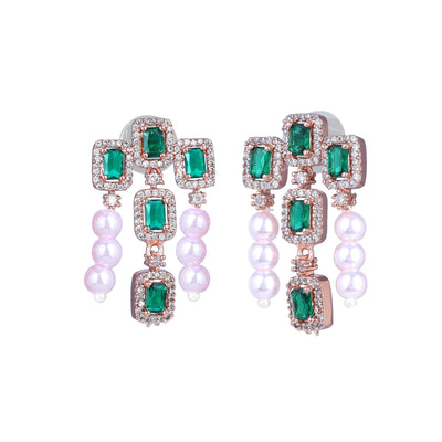 Estele Rose Gold Plated CZ Shimmering Earrings with Green Stones & Pearls for Women