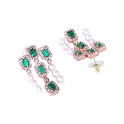 Estele Rose Gold Plated CZ Shimmering Earrings with Green Stones & Pearls for Women