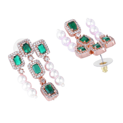 Estele Rose Gold Plated CZ Gorgeous 3-Layered Necklace Set with Green Stones & Pearls for Women