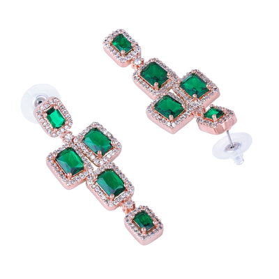 Estele Rose Gold Plated CZ Ravishing Double Line Necklace Set with Green Stones for Women