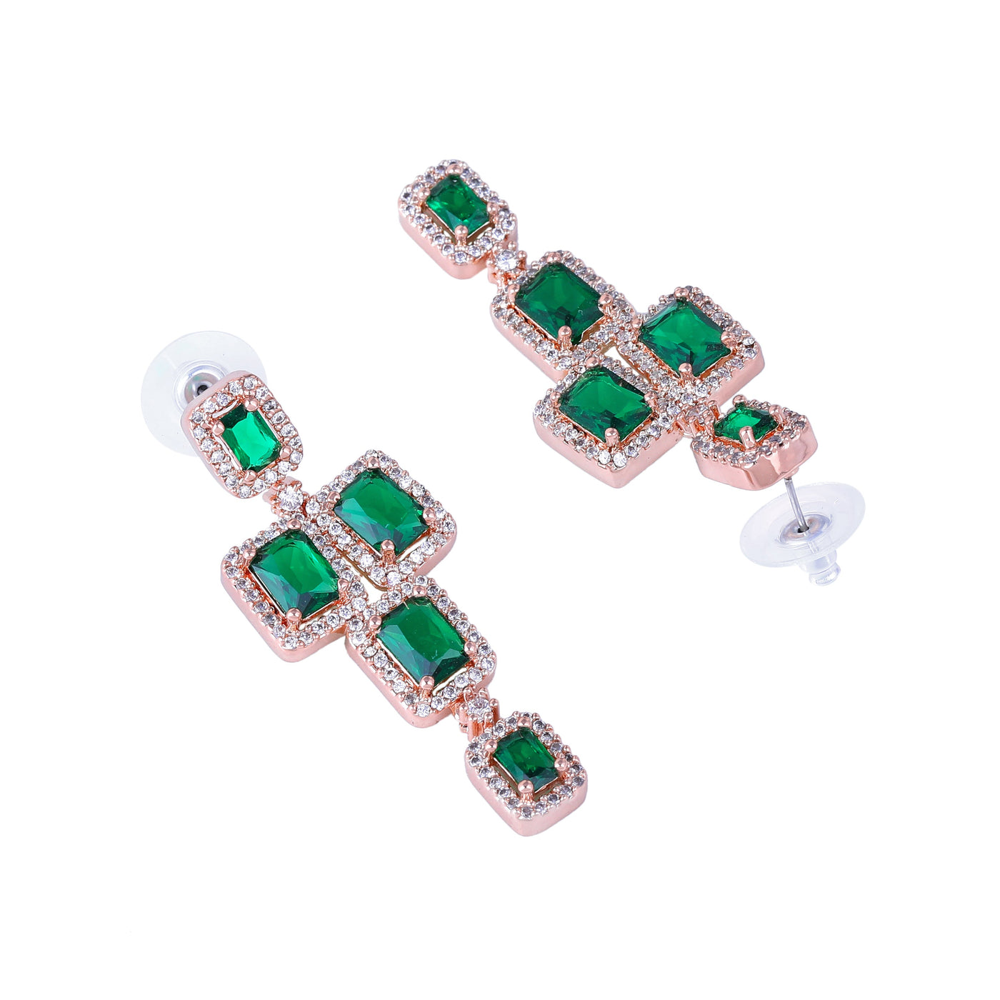 Estele Rose Gold Plated CZ Dazzling Earrings with Green Stones for Women