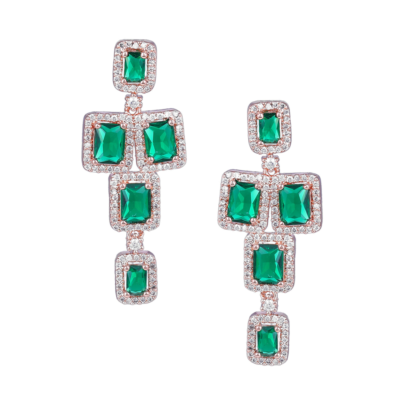 Estele Rose Gold Plated CZ Dazzling Earrings with Green Stones for Women