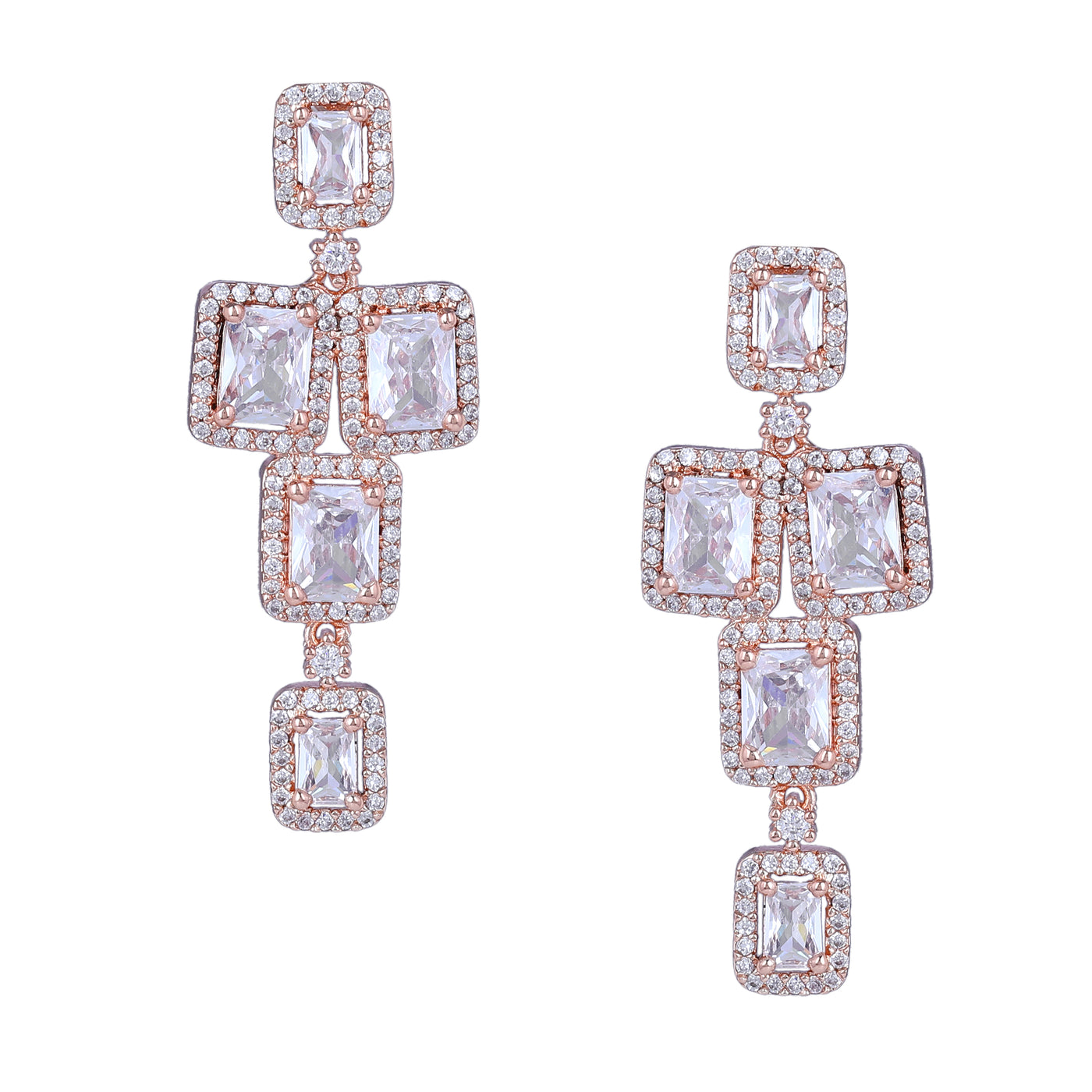 Estele Rose Gold Plated CZ Ravishing Double Line Necklace Set with White Stones for Women