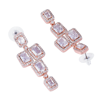 Estele Rose Gold Plated CZ Ravishing Double Line Necklace Set with White Stones for Women