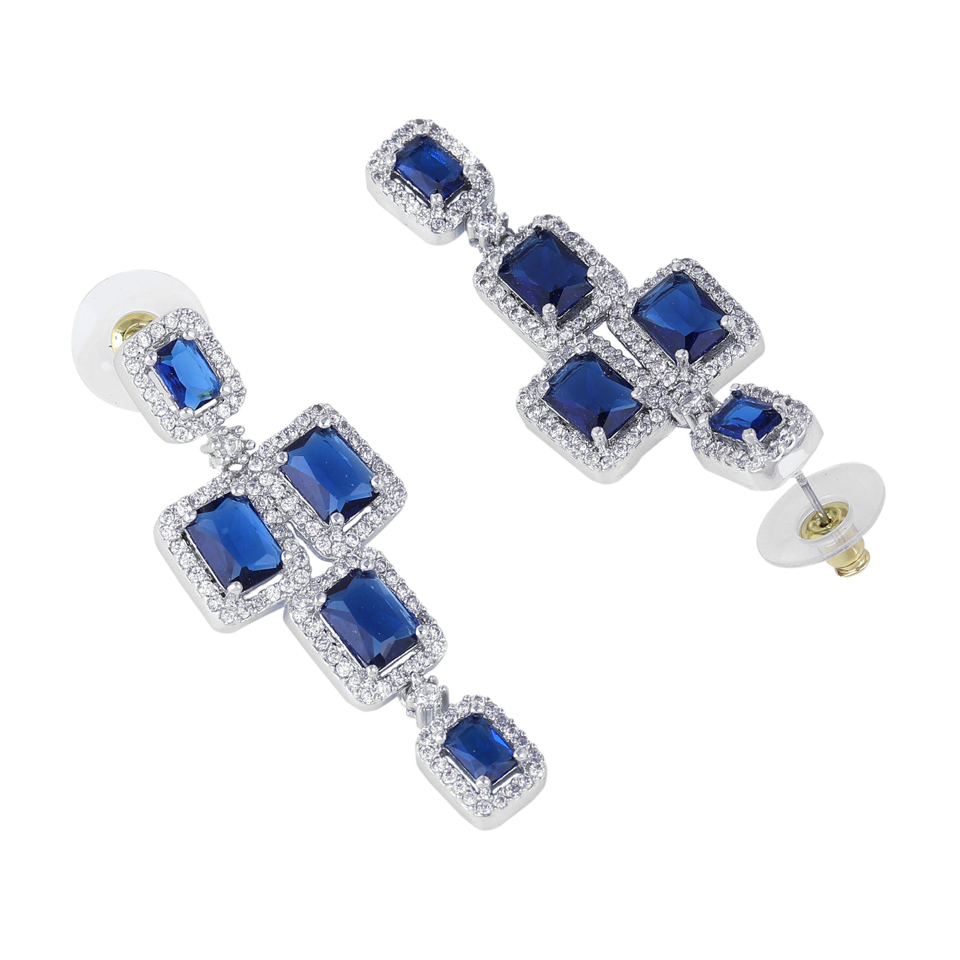 Estele Rhodium Plated CZ Ravishing Two Line Necklace Set with Blue Stones for Women