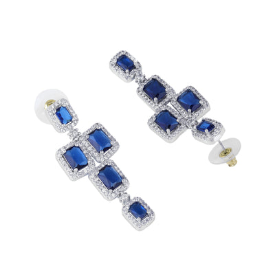 Estele Rhodium Plated CZ Dazzling Earrings with Blue Stones for Women