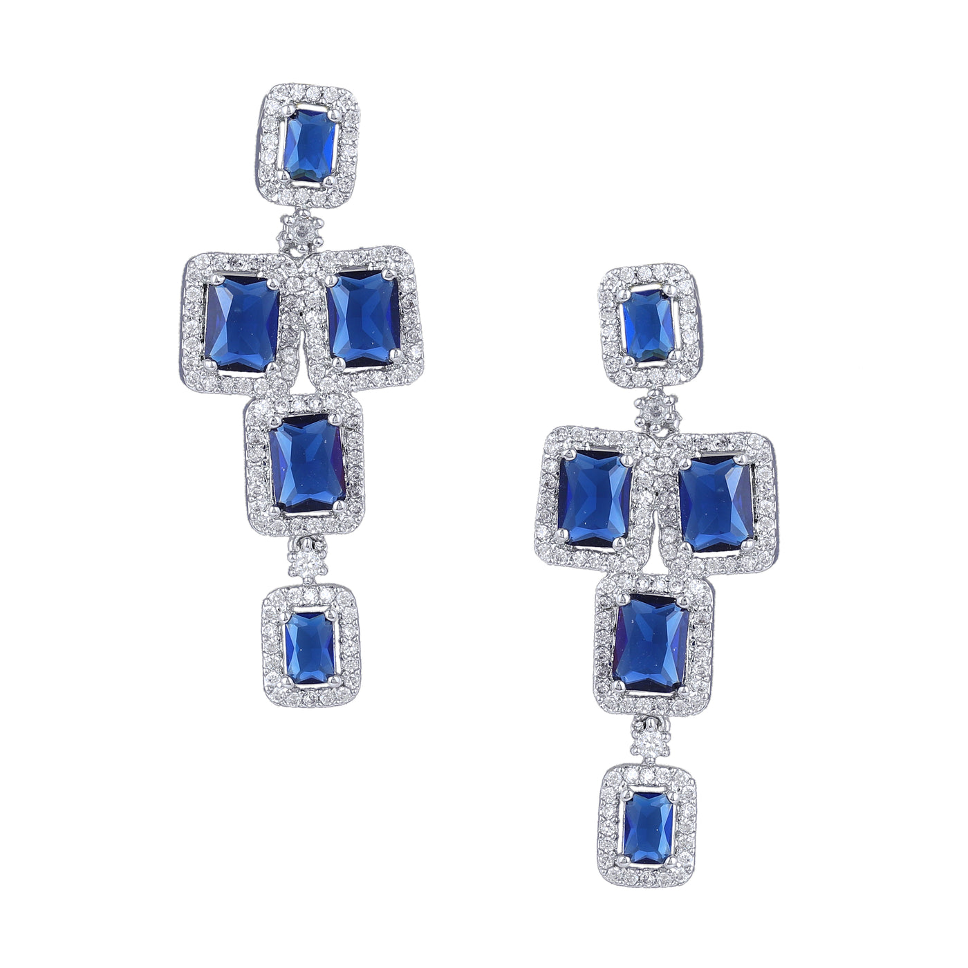 Estele Rhodium Plated CZ Ravishing Two Line Necklace Set with Blue Stones for Women