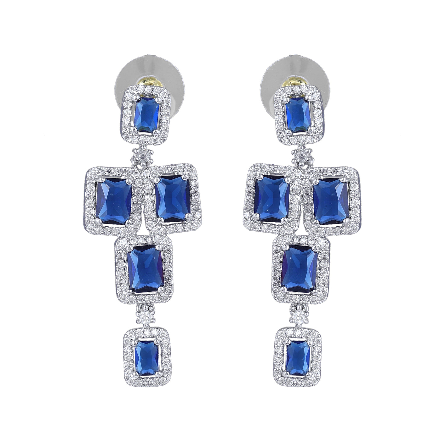 Estele Rhodium Plated CZ Dazzling Earrings with Blue Stones for Women