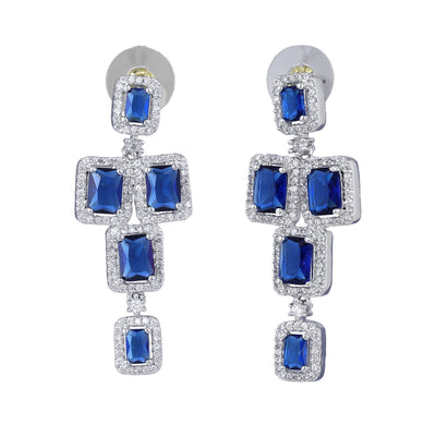 Estele Rhodium Plated CZ Dazzling Earrings with Blue Stones for Women