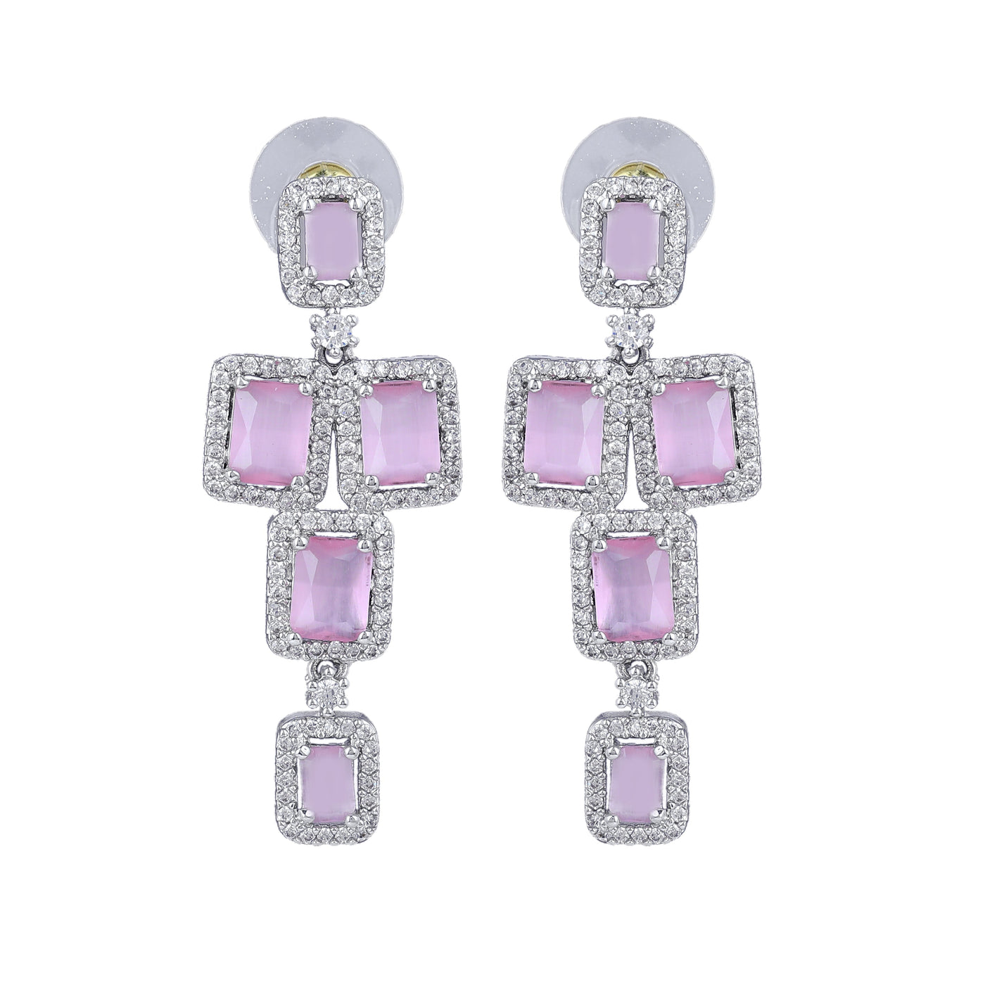 Estele Rhodium Plated CZ Dazzling Earrings with Mint Pink Stones for Women