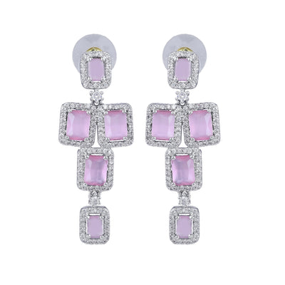 Estele Rhodium Plated CZ Dazzling Earrings with Mint Pink Stones for Women