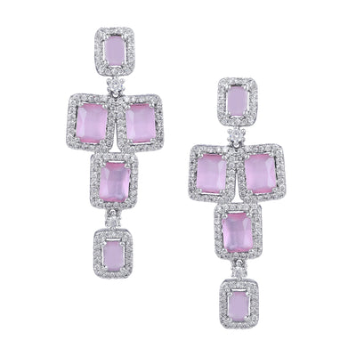 Estele Rhodium Plated CZ Ravishing Two Line Necklace Set with Mint Pink Stones for Women