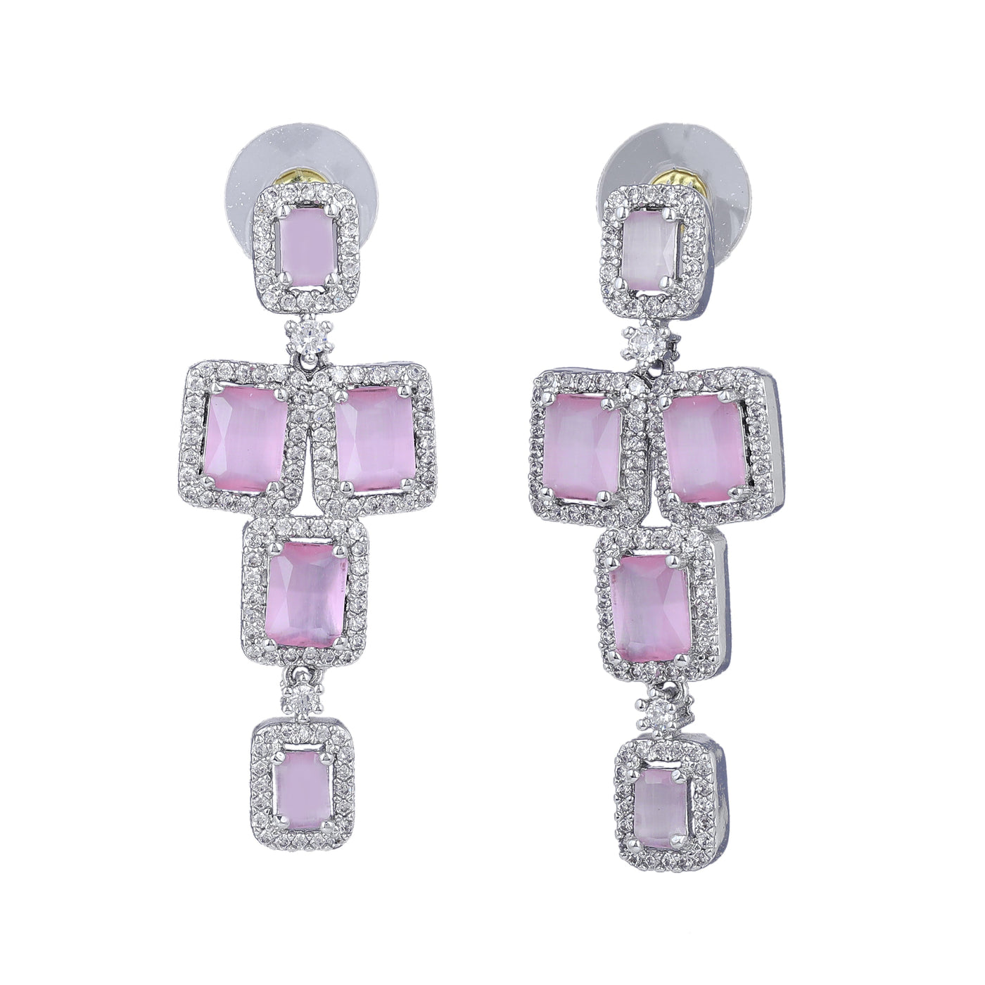 Estele Rhodium Plated CZ Dazzling Earrings with Mint Pink Stones for Women